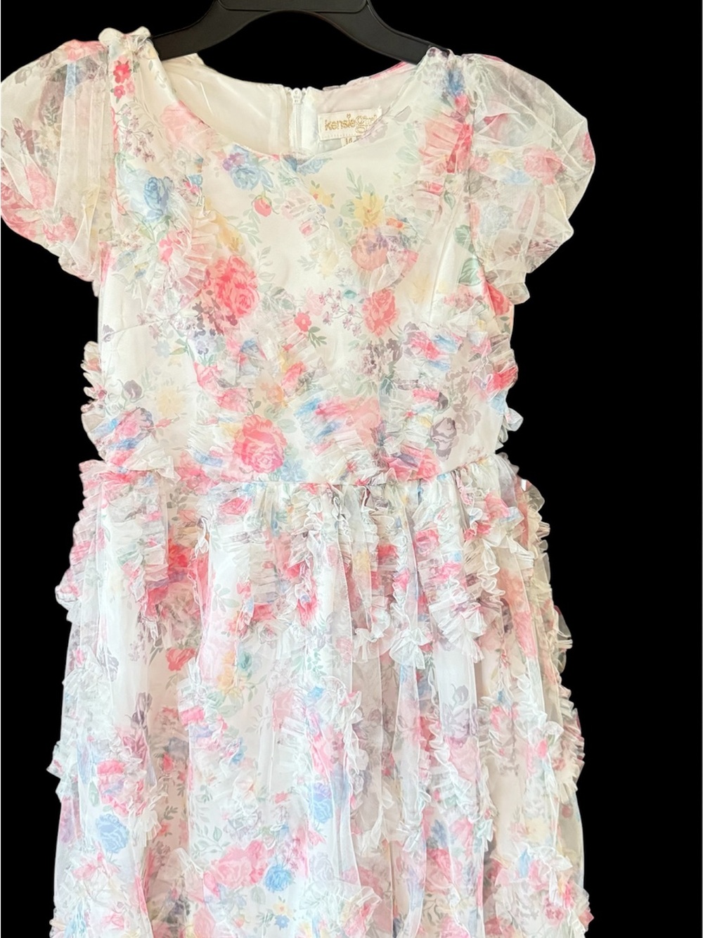 Kensie Girls Floral Ruffle Chiffon Dress in White, Pink, Blue